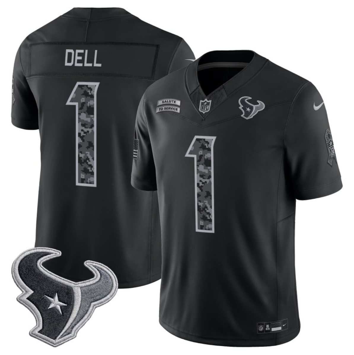 Men's Black Houston Texans #1 Tank Dell F.U.S.E. 2026 Salute to Service Limited Stitched Football Jersey